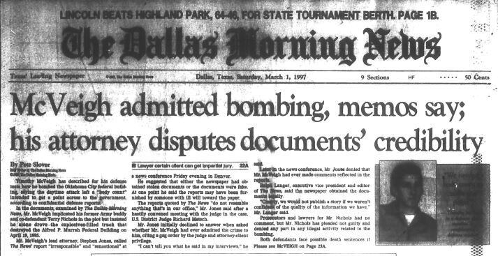 The front page of the Dallas Morning News from March 1, 1997. The story of Timothy McVeigh...