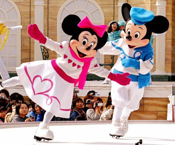 TOKYO, JAPAN:  Mickey and Minnie Mouse show their skating performance on ice at the Tokyo...