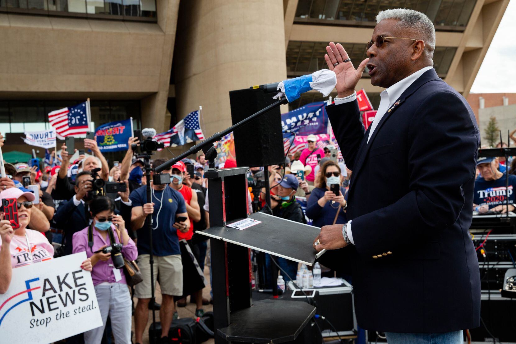 Allen West, chairman of the Republican Party of Texas, speaks during a Don't Steal the Vote rally in support of President Donald Trump in front of Dallas City Hall on Saturday, Nov. 14, 2020. (Juan Figueroa/ The Dallas Morning News)
