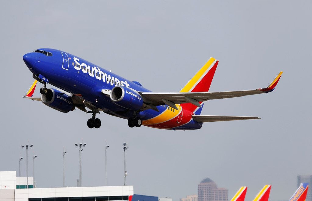 A Southwest Airlines plane takes off from Dallas Love Field in Dallas on Wednesday, June 13,...