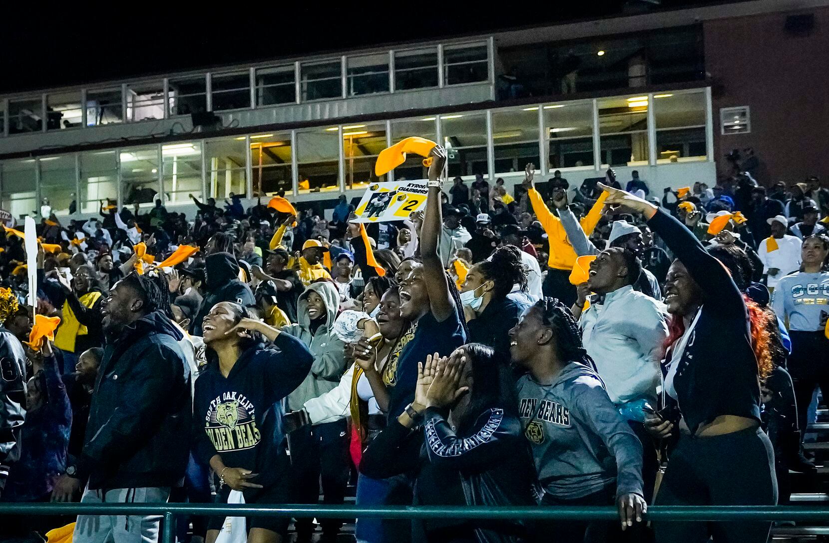 South Oak Cliff fans celebrate a touchdown during the first half of a Class 5A Division II...