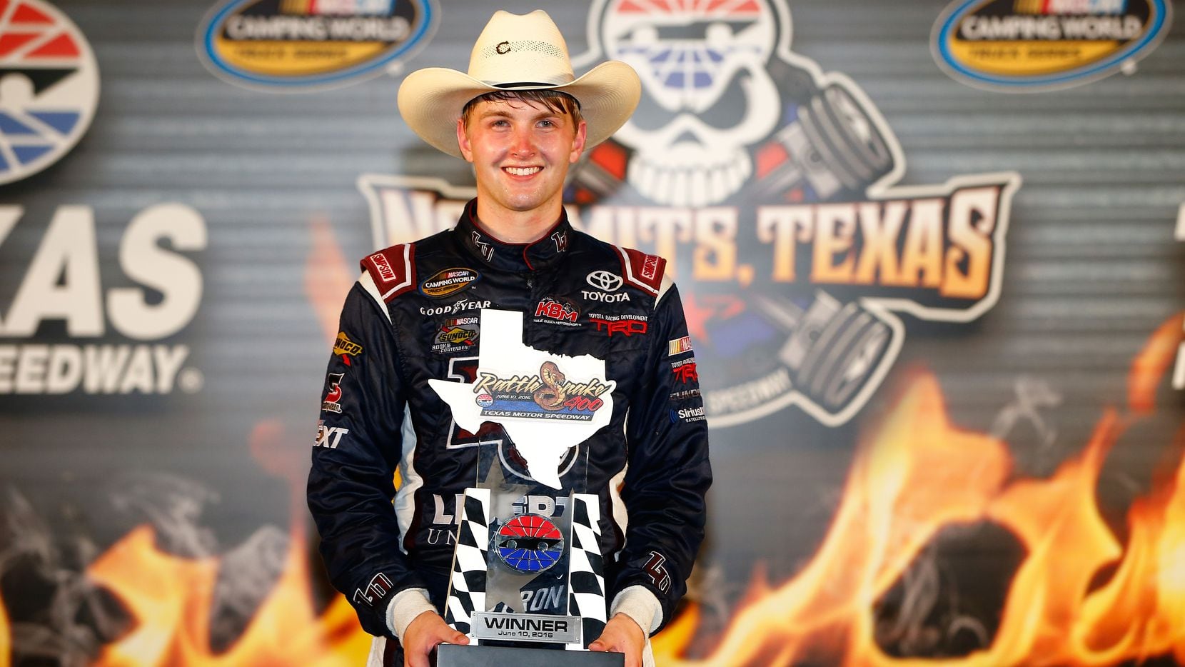 FORT WORTH, TX - JUNE 10:  William Byron, driver of the #9 Liberty University Toyota, celebrates in victory lane after winning  the NASCAR Camping World Truck Series Rattlesnake 400 at Texas Motor Speedway on June 10, 2016 in Fort Worth, Texas.  (Photo by Jonathan Ferrey/Getty Images for Texas Motor Speedway)
