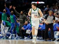 Dallas Mavericks guard Luka Doncic (77) celebrates a three-pointer during the fourth quarter against the Memphis Grizzlies at the American Airlines Center on Sunday, Jan. 23, 2022 in Dallas. The Mavericks defeated the Grizzlies 104-91.