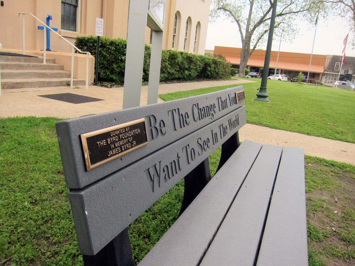 This April 12, 2019, photo shows a bench donated by a foundation started by the family of...