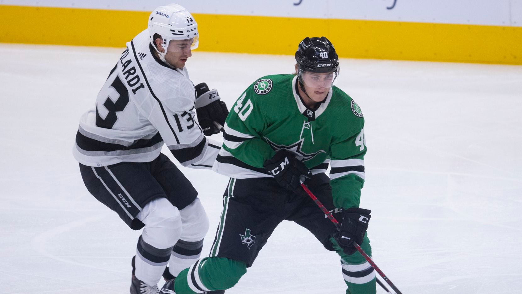 Dallas Stars center Jacob Peterson (40) girds the puck from Los Angeles Kings center Gabriel...