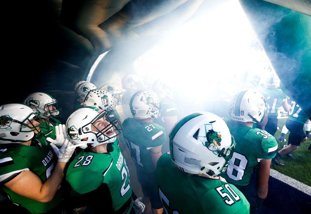 Southlake linebacker Grant Deno gets fired up prior to a Class 6A Division I Region I high...