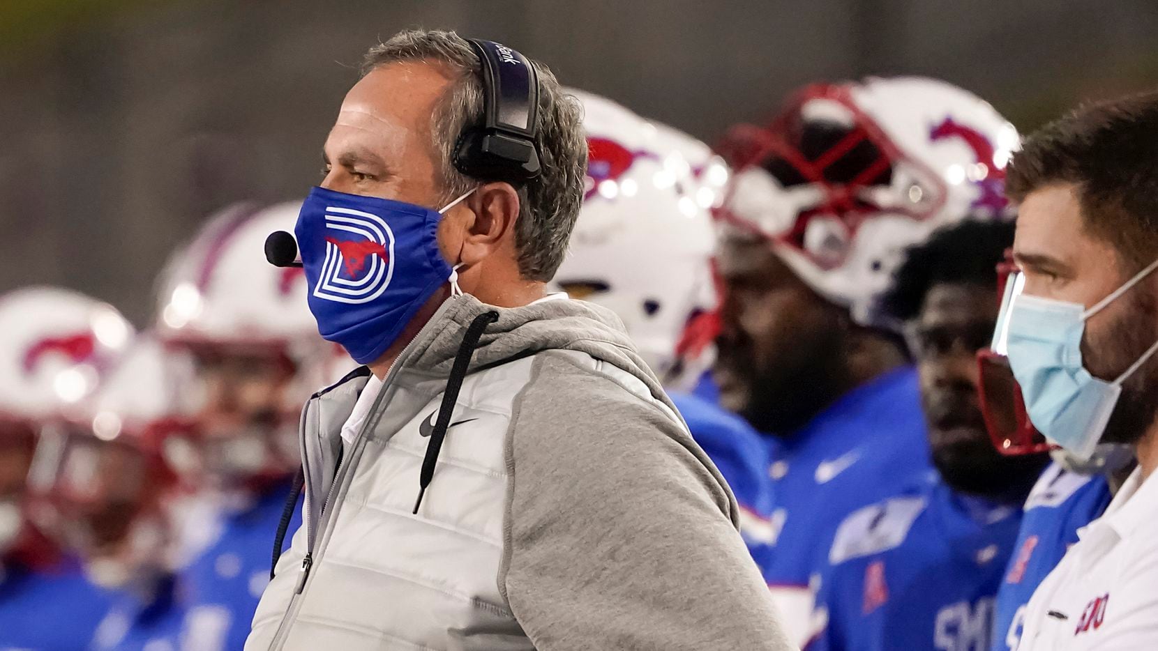 SMU head coach Sonny Dykes watches from the sidelines during the first quarter of an NCAA football game against Navy at Ford Stadium on Saturday, Oct. 31, 2020, in Dallas.