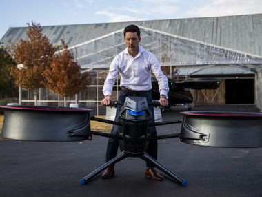 Assen Andonov, CEO and Founder of Assen Aeronautics, demonstrates a prototype of the Assen A2 Avenger sky bike during an invitation-only summit for aviation investors and business executives on Wednesday, November 20, 2019 at Circle T Ranch in Westlake, Texas. (Ashley Landis/The Dallas Morning News)
