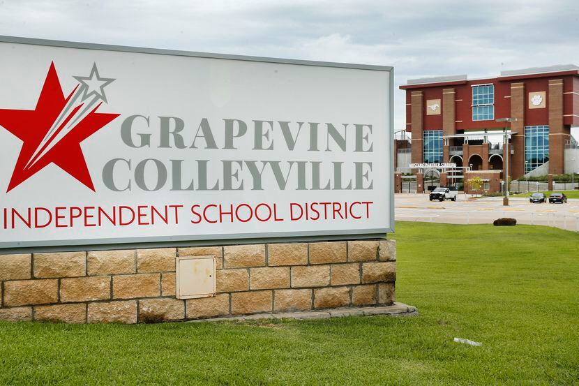 The Grapevine-Colleyville ISD sign is pictured before Mustang Panther Stadium in Grapevine,...