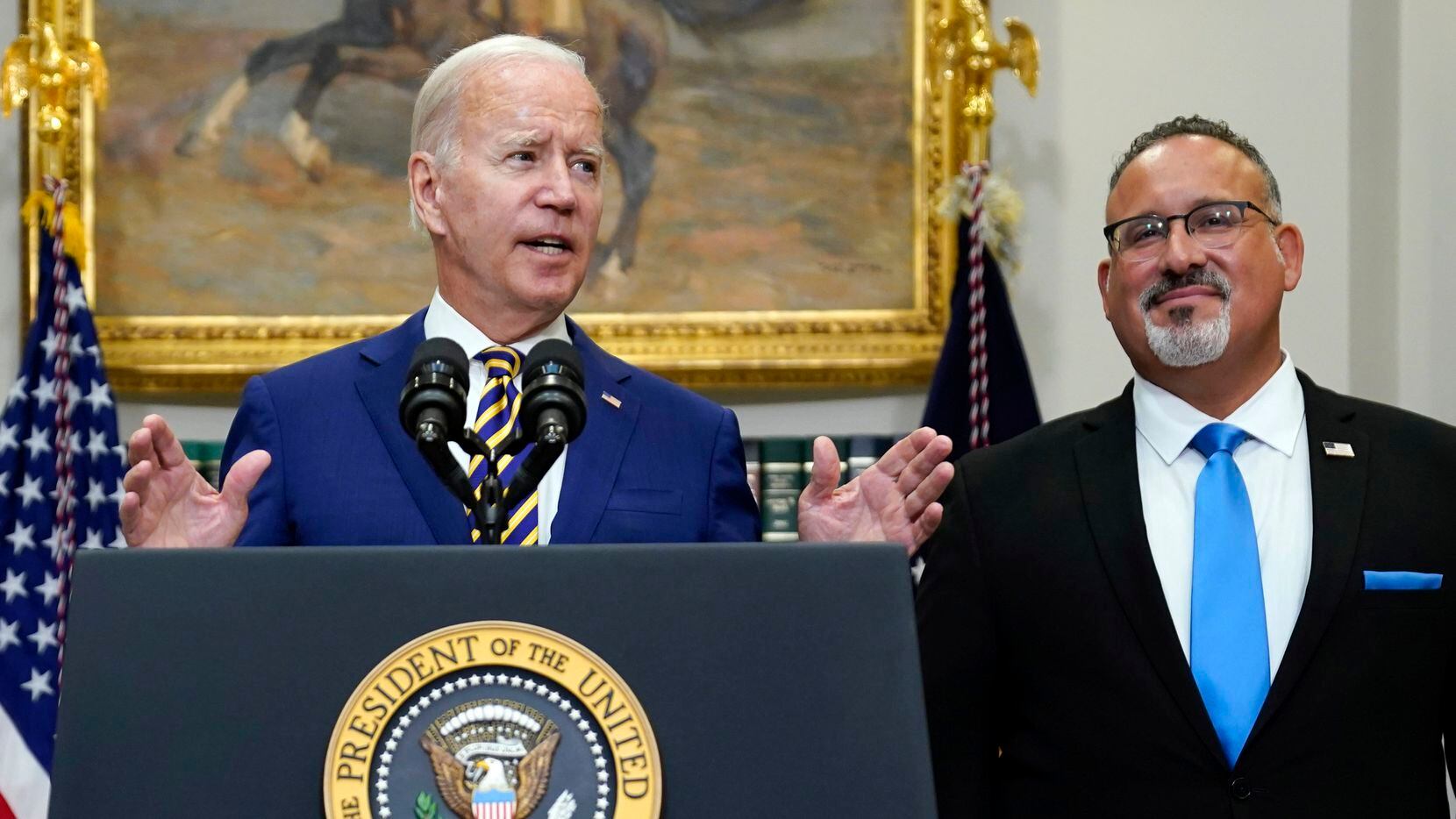 President Joe Biden spoke about student loan debt forgiveness in the Roosevelt Room of the...