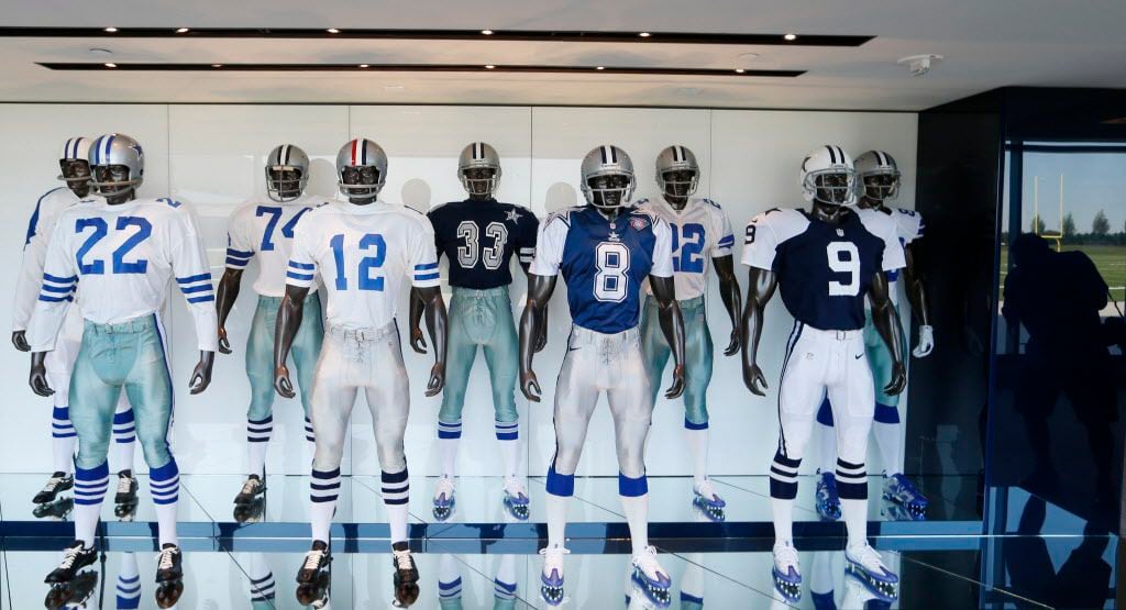 All the uniforms of the Dallas Cowboys players at the Dallas Cowboys new headquarters at The...