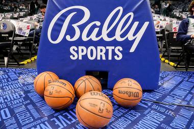 A Bally Sports logo is seen on a basketball stanchion before an NBA game between the Dallas...