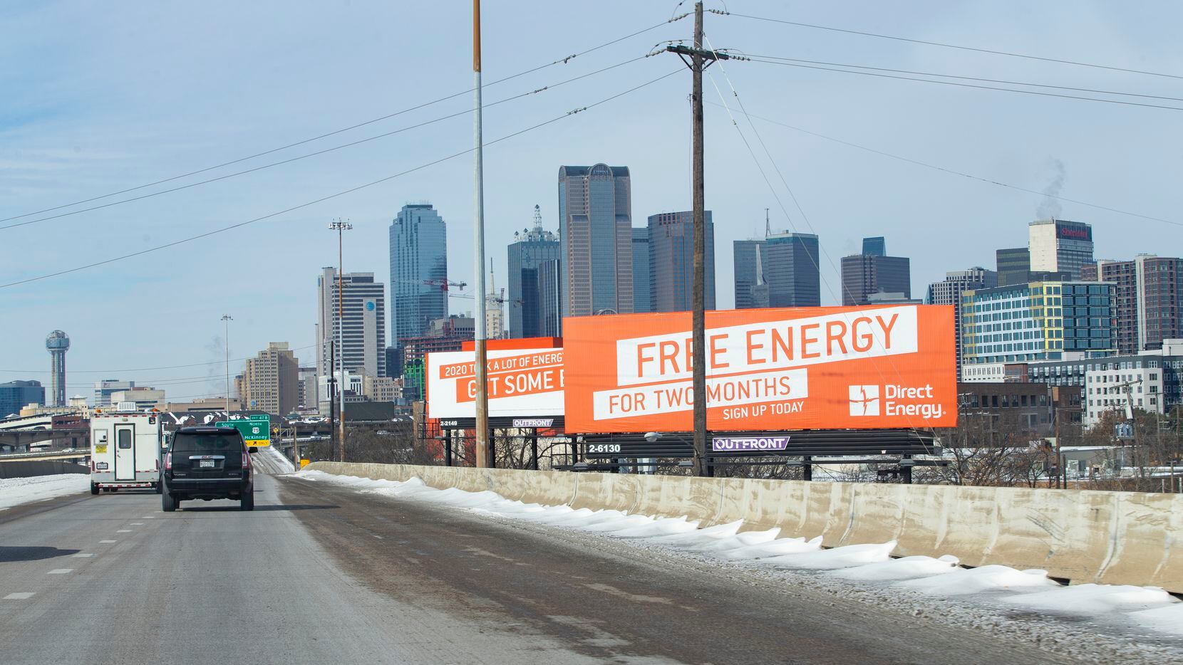 Downtown Dallas seen from I-30 on Tuesday, Feb. 16, 2021.