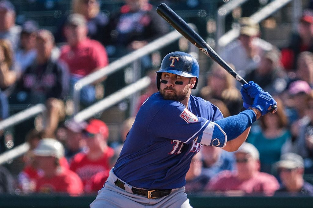 Texas Rangers outfielder Joey Gallo bats during a spring training baseball game against the...