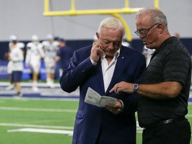 Jerry Jones, left, and Stephen Jones attend a Dallas Cowboys practice on Tuesday, Aug. 27, 2019 at The Star in Frisco, Texas. (Ryan Michalesko/The Dallas Morning News)