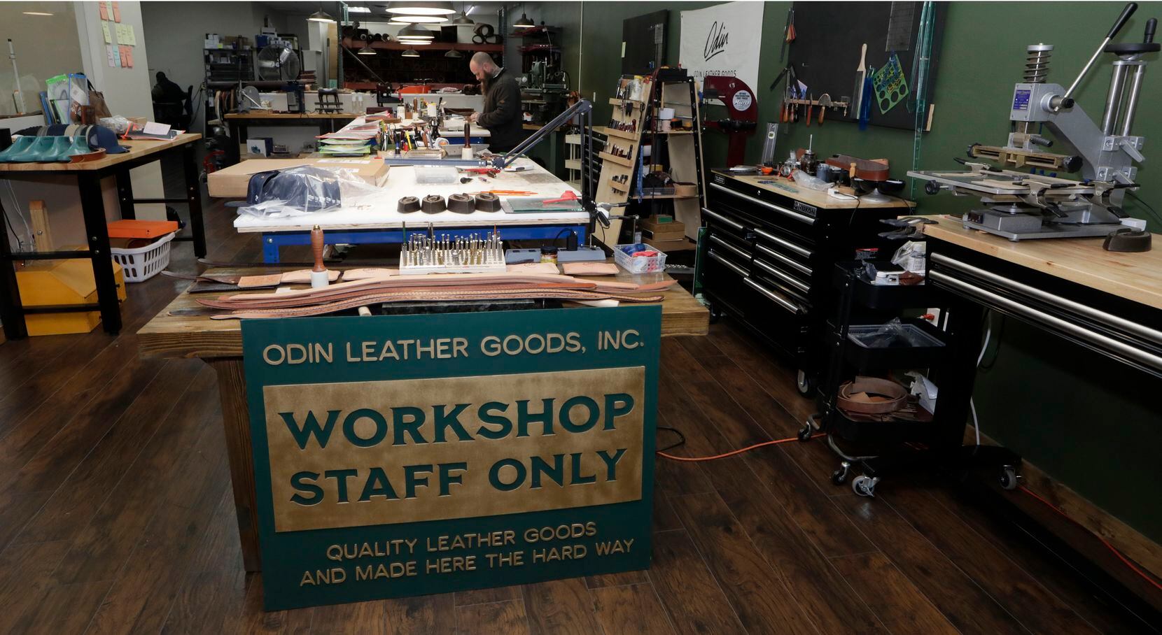 Odin Leather Goods' workshop is in downtown Lewisville.