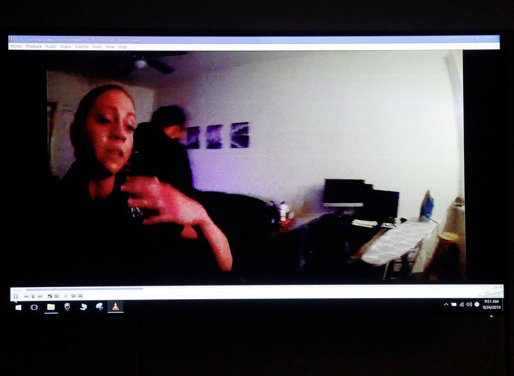 A panicked Dallas police officer Amber Guyger (left) is pictured on police body-cam footage...