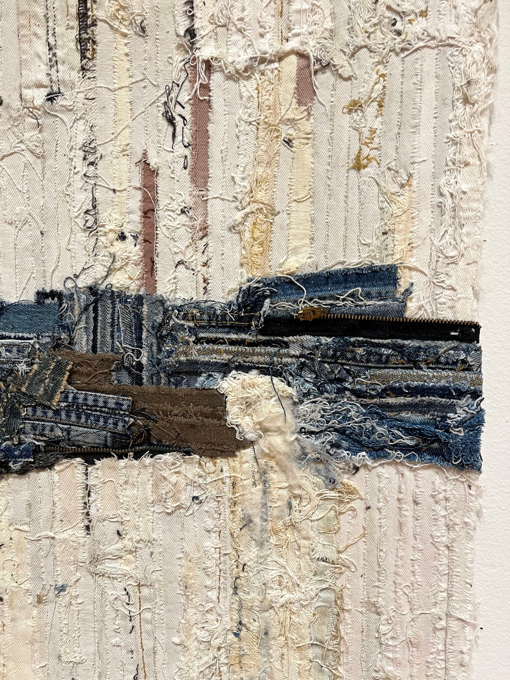 Jamal Cyrus' "Blue Alluvial Glue (Line)" features strips of shredded denim glued together in...
