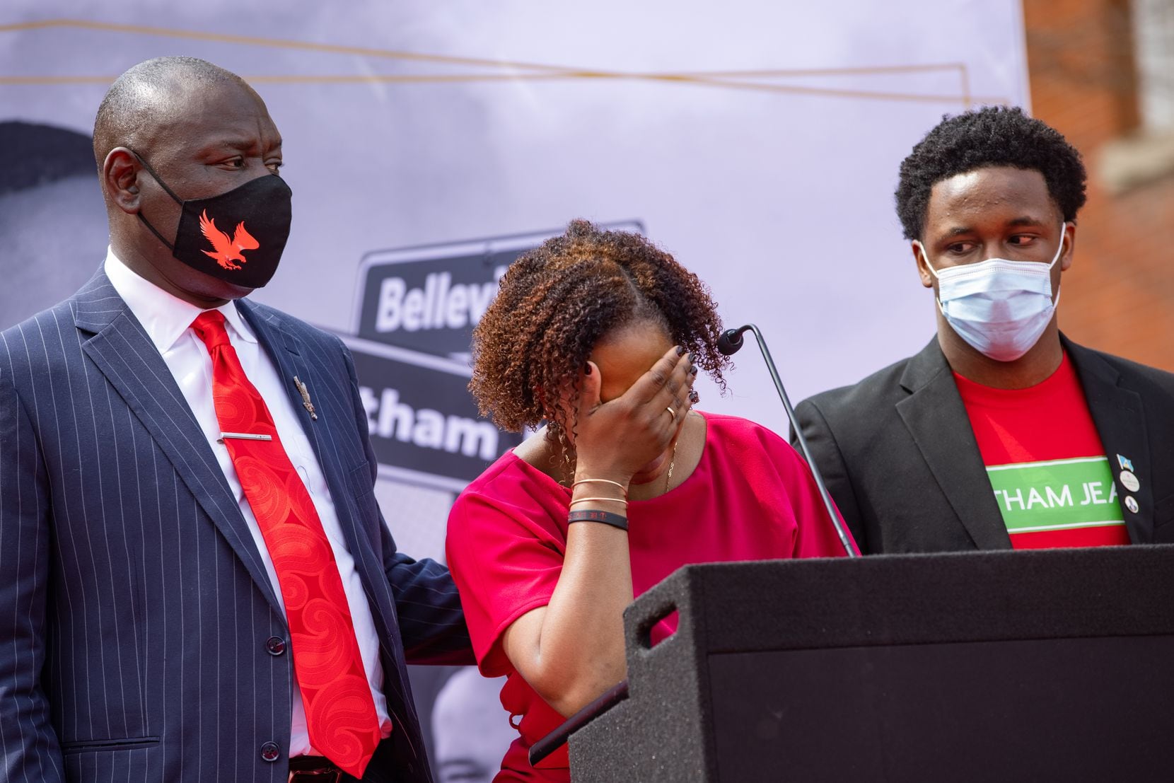 Alissa Findley (center), Botham Jean's sister, took a moment to collect her emotions during...