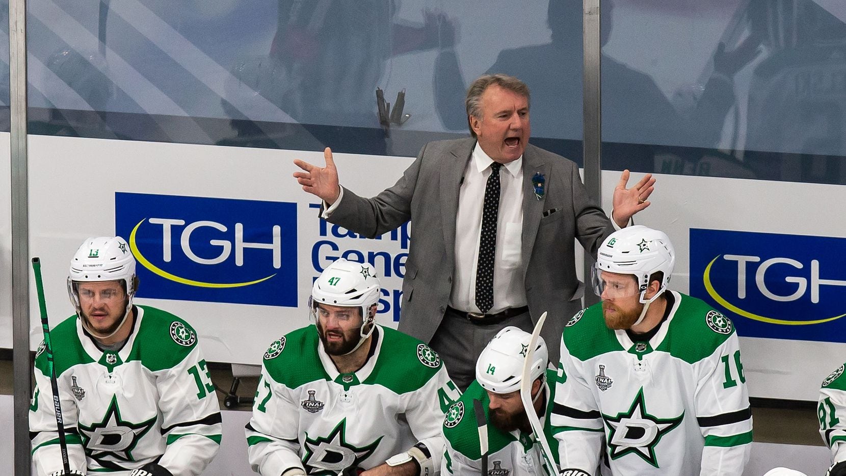 Interim head coach Rick Bowness of the Dallas Stars shouts instructions during Game 5 of the...