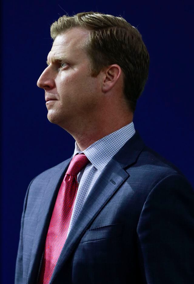 Southern Methodist University's head football coach, Rhett Lashlee speaks with people in attendance of the news conference in Dallas on Tuesday, Nov. 30, 2021. Lashlee was Southern Methodist University's former offensive coordinator football coach in 2018 and 2019 before going to the University of Miami for two seasons. (Rebecca Slezak/The Dallas Morning News)