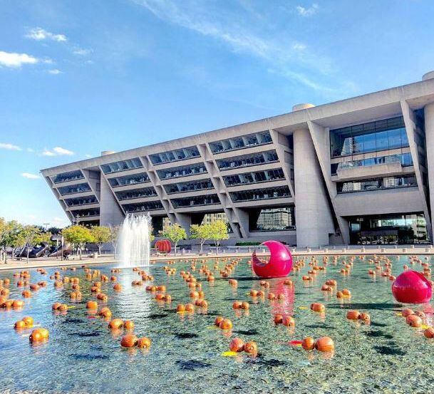 Dallas City Hall decorated for Halloween in October 2016.