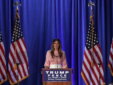 Melania Trump, wife of Republican presidential nominee Donald Trump, speaks to supporters...