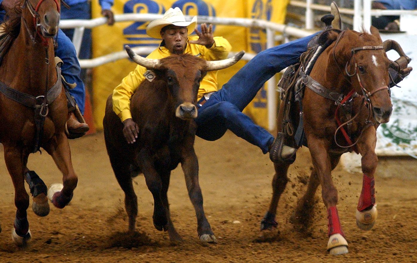 Steer wrestling is one of the rodeo events happening this weekend during Cowboys of Color in Mesquite.