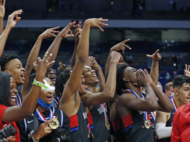 Duncanville celebrates after the game. UIL boys Class 6A basketball state championship game between Duncanville and Austin Westlake on Saturday, March 13, 2021 at the Alamodome. 