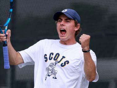 Highland Park’s Ray Saalfield celebrates a point during the 5A boys doubles championship...
