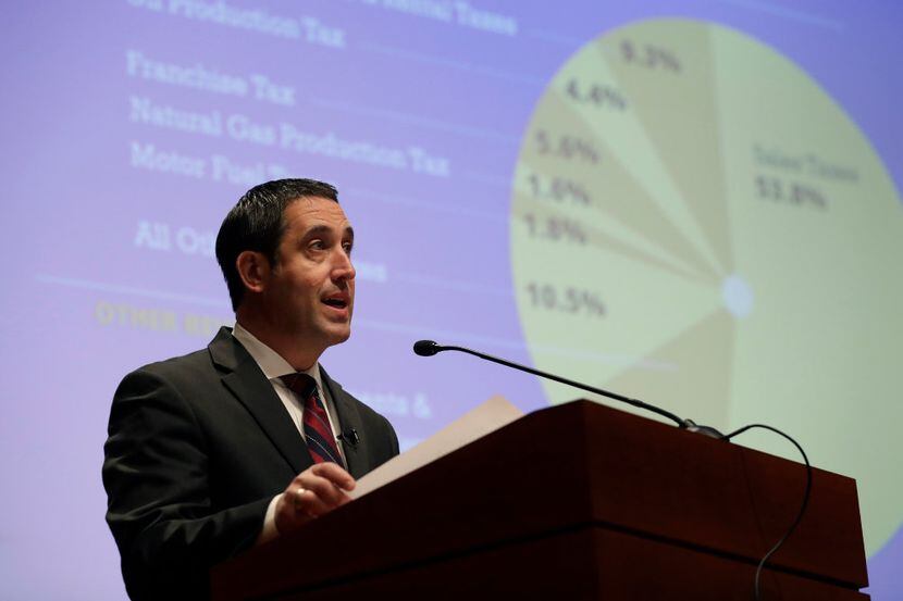 Comptroller Glenn Hegar speaks to reporters in January 2019. He has proposed a sweeping...