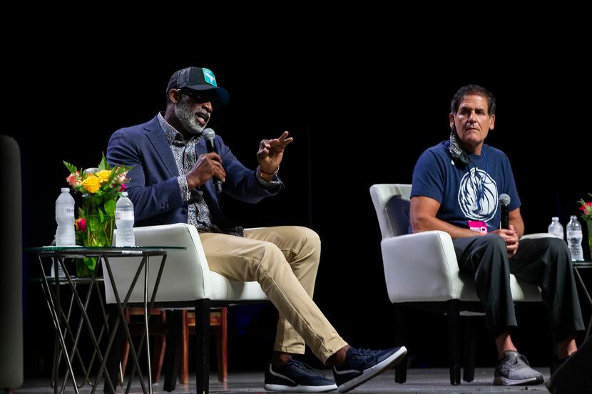 Deion Sanders and Mark Cuban speak at the Heal America panel at Gilley's in Dallas on...