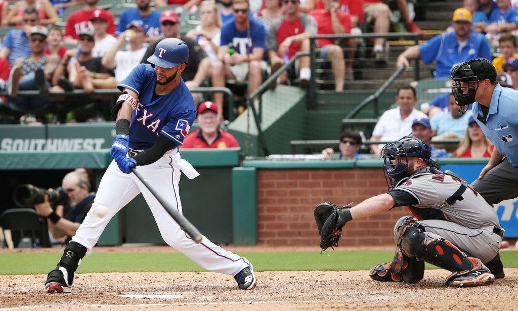 Rangers right fielder Nomar Mazara strikes out with the bases loaded to end the fifth inning...