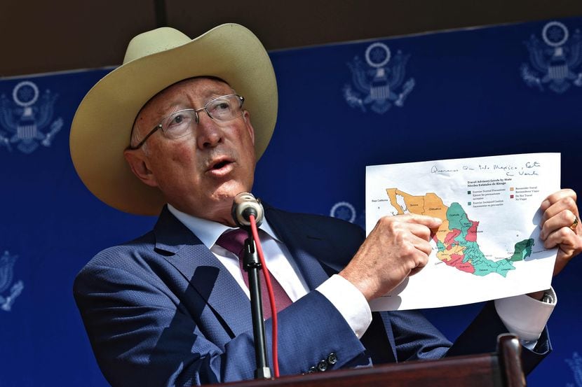 US ambassador to Mexico, Ken Salazar, speaks during a press conference at his residence in...