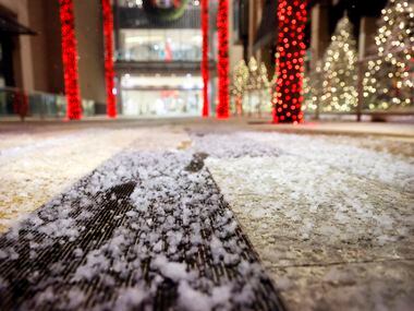 Artificial snow collects along a pathway of palm trees during a demonstration at Galleria...