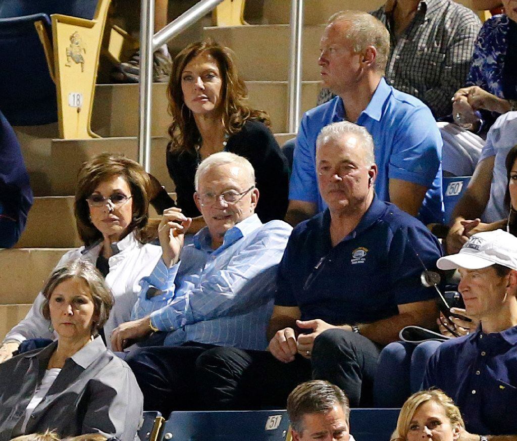 Dallas Cowboys owner Jerry Jones and his wife Gene are joined by their kids, from back left, Charlotte Jones Anderson, Jerry Jones Jr and Stephen Jones as they watch Stephen's son John Stephen Jones, a Highland Park quarterback playing against Lovejoy at Highlander Stadium in Highland Park, Texas, Friday, September 16, 2016. (Tom Fox/The Dallas Morning News)