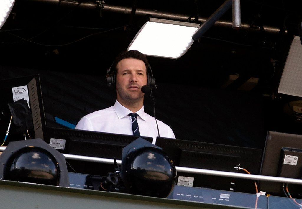In this Sept. 24, 2017, file photo, Tony Romo in the broadcast booth during the first half...