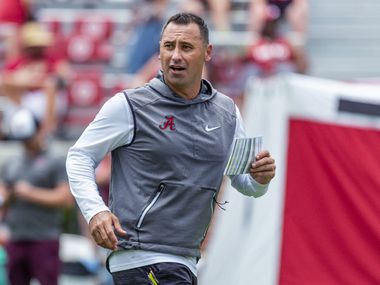 Alabama offensive coordinator Steve Sarkisian works his payers through drills during an NCAA college fall camp fan-day college football scrimmage, Saturday, Aug. 3, 2019, at Bryant-Denny Stadium in Tuscaloosa, Ala.