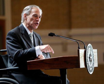 Texas Gov. Greg Abbott gives a State of the State address during a Dallas Regional Chamber...