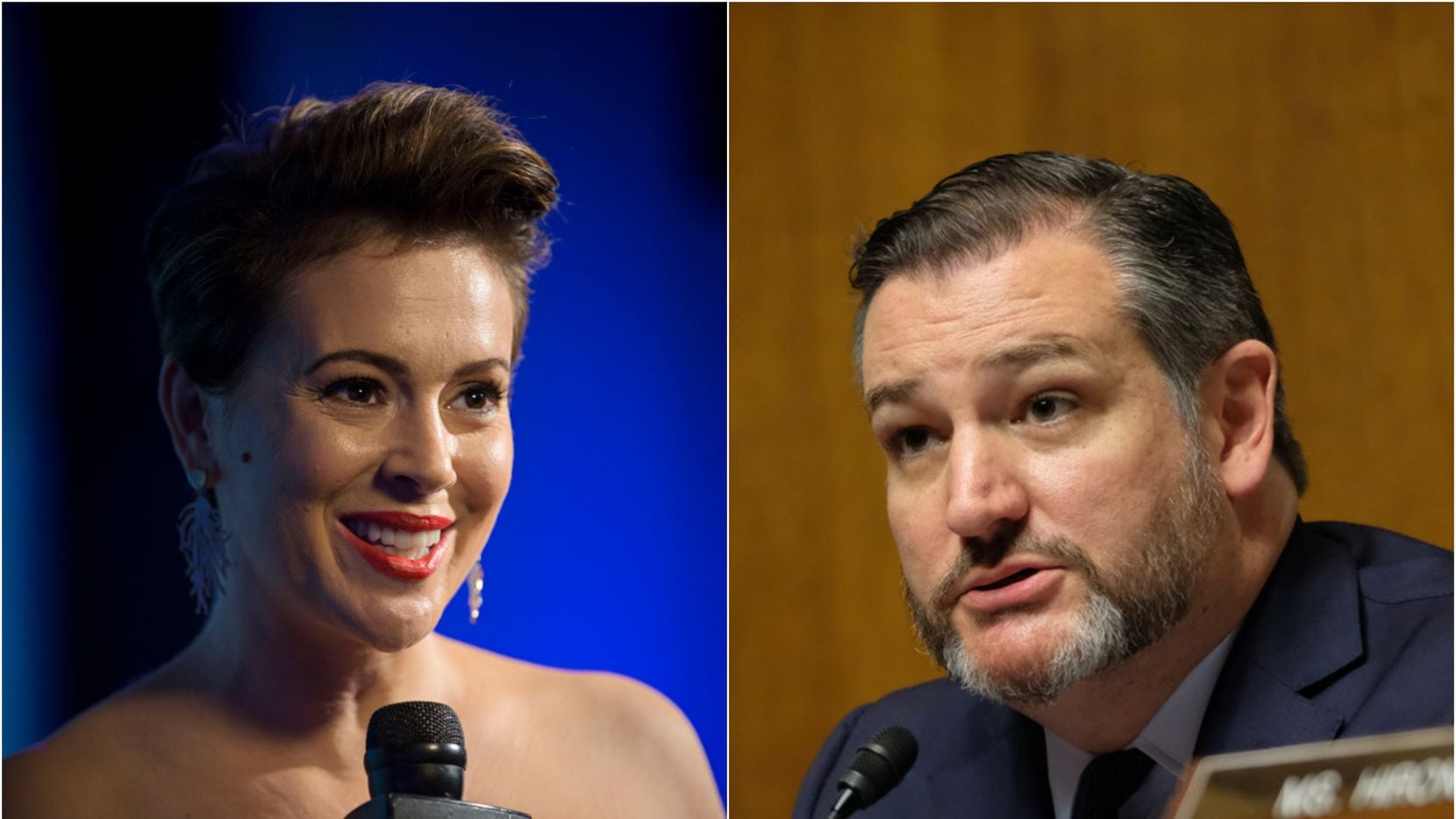 Actress Alyssa Milano, giving an interview on the red carpet before the "Children First. An Evening with UNICEF" event April 15, 2016 in Dallas. (G.J. McCarthy/The Dallas Morning News). Right: Sen. Ted Cruz.