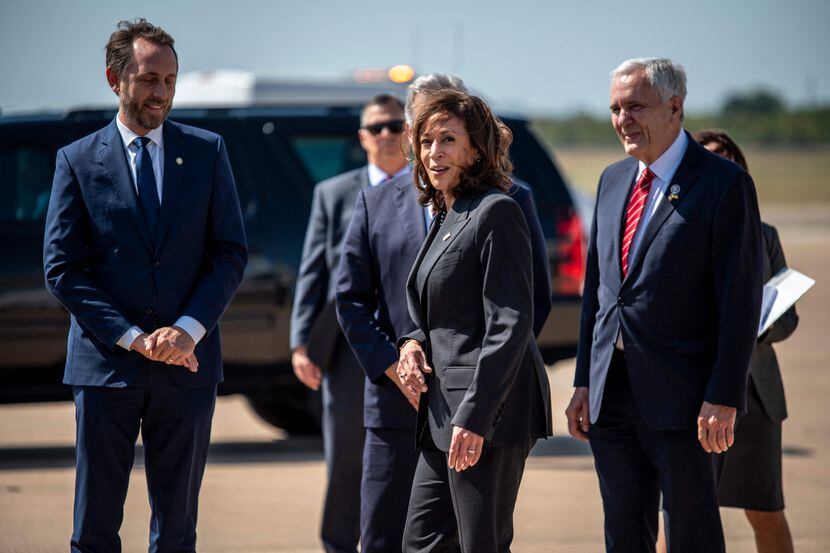 Vice President Kamala Harris arrives at Austin-Bergstrom International Airport on Oct. 8,...