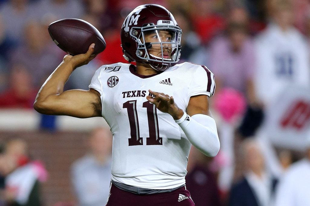 OXFORD, MISSISSIPPI - OCTOBER 19: Kellen Mond #11 of the Texas A&M Aggies throws the ball...