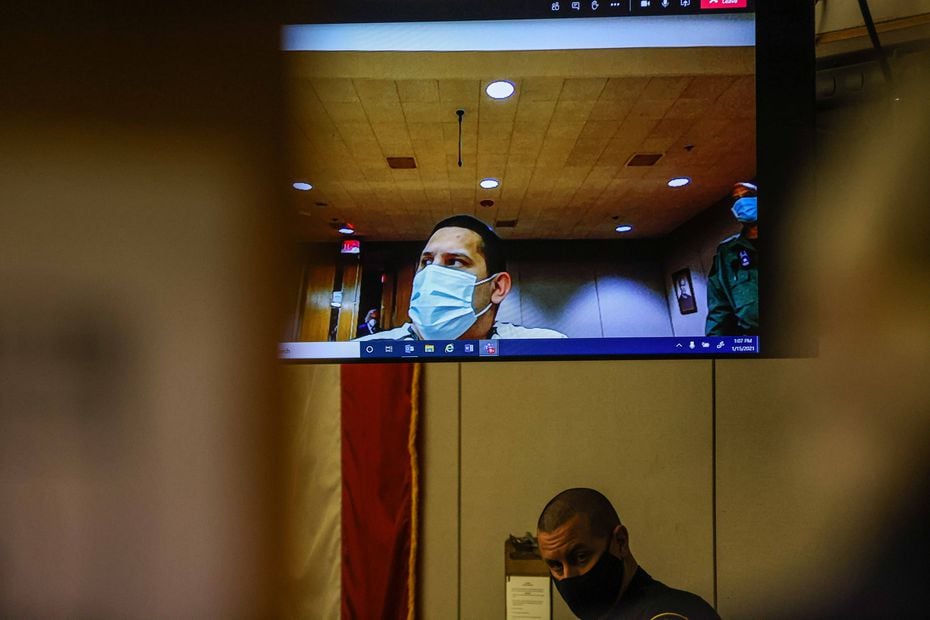 A screen showed Armando Juarez in the courtroom at the Frank Crowley Courts Building in Dallas on Friday.