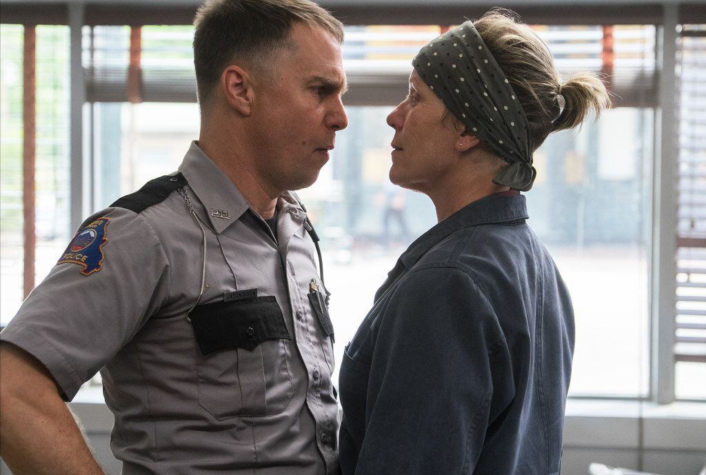 Sam Rockwell goes toe to toe with Frances McDormand in a scene from "Three Billboards...