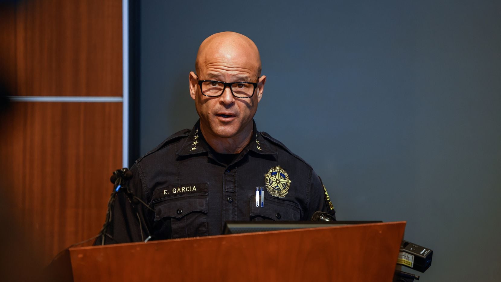 Dallas police Chief Eddie García spoke at a press conference at the Dallas Police Department...