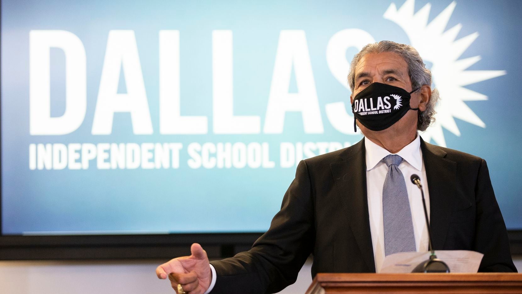 Dallas ISD Superintendent Dr. Michael Hinojosa announces that masks will be required at all Dallas ISD schools at DISD headquarters in Dallas, Monday, August 9, 2021. (Brandon Wade/Special Contributor)