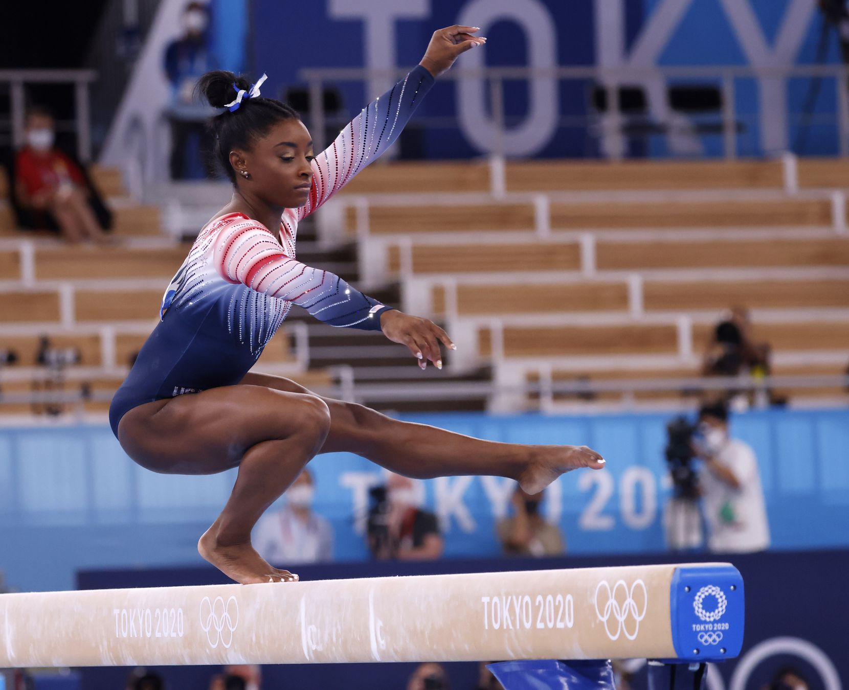 USA’s Simone Biles before competes in the women’s balance beam final at the postponed 2020 Tokyo Olympics at Ariake Gymnastics Centre, on Tuesday, August 3, 2021, in Tokyo, Japan. Biles placed third in the event, earning a bronze medal. (Vernon Bryant/The Dallas Morning News)