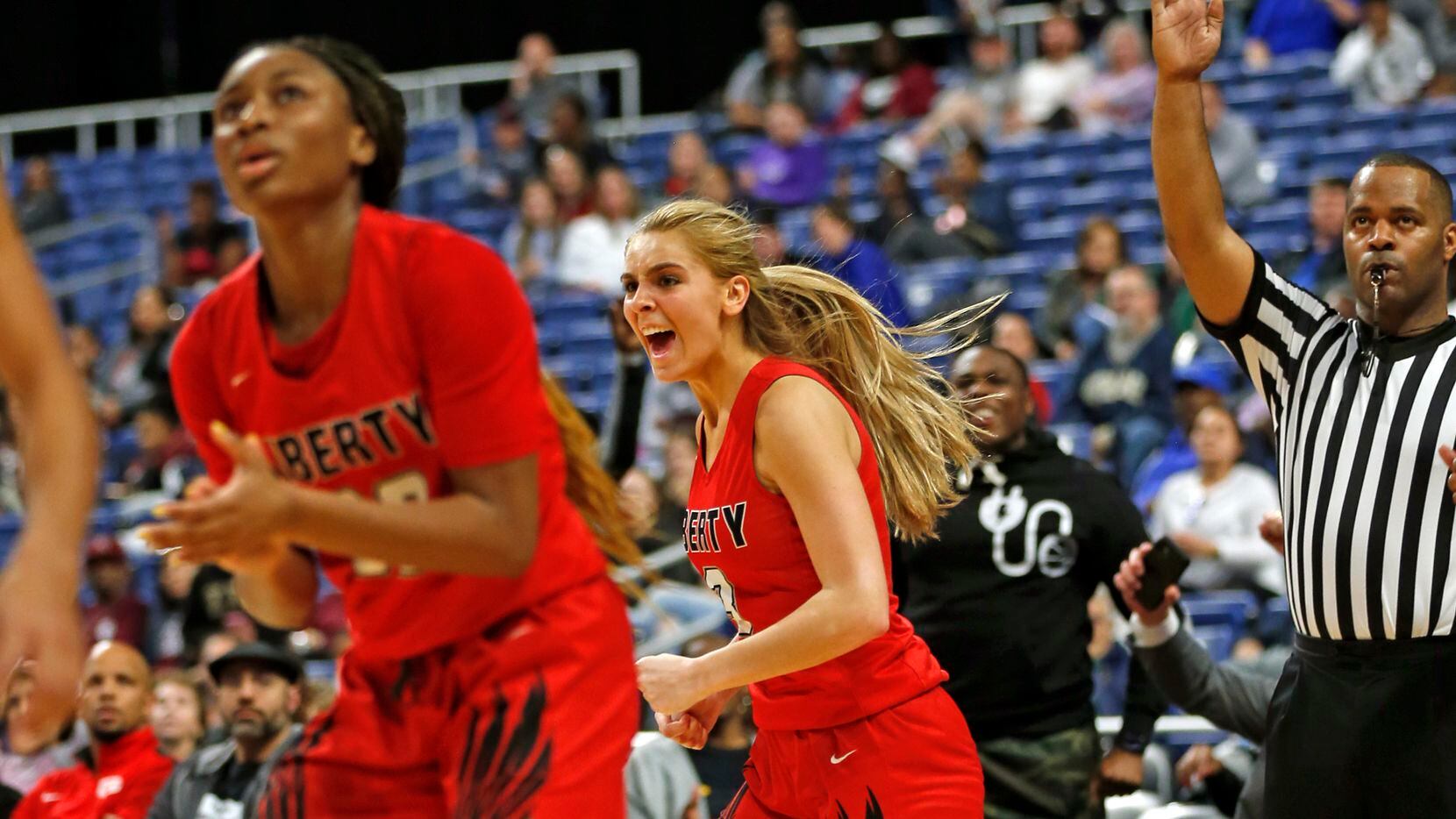 Frisco Liberty guard Lily Ziemkiewicz #3 reacts after hitting game winning three in a 5A...
