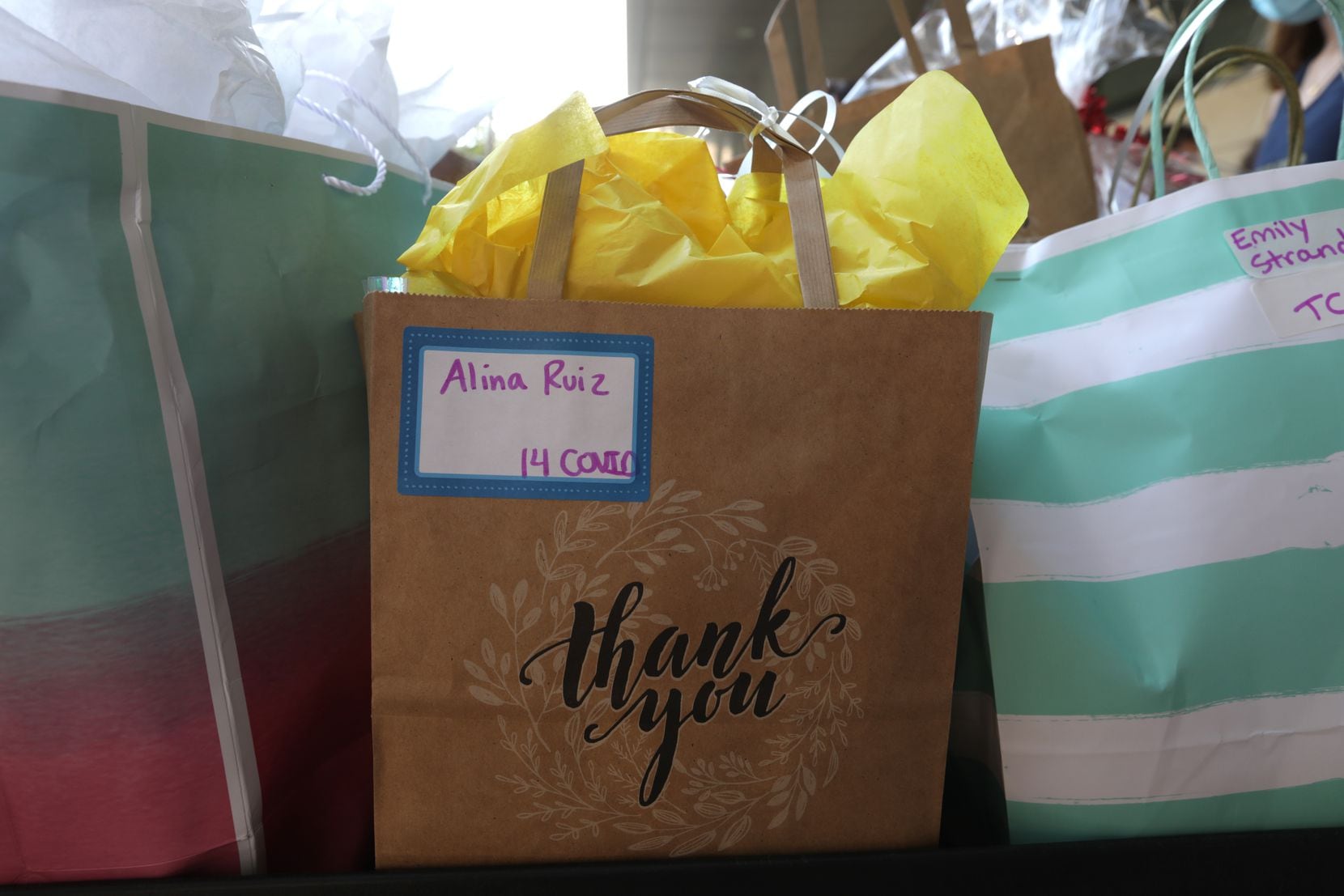 A few of the bags of goodies delivered to health care workers at Parkland Hospital in Dallas...