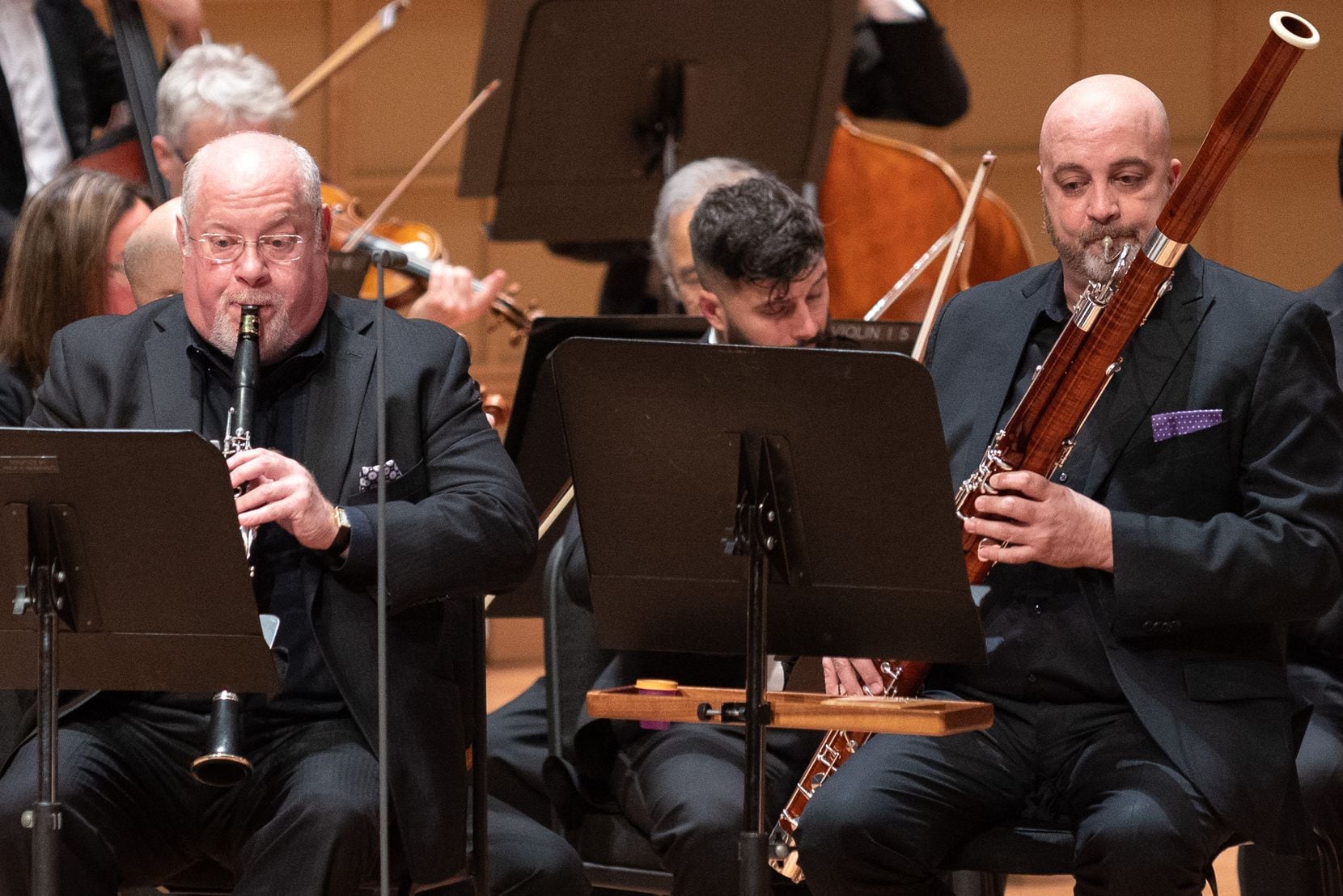 Principal clarinetist Gregory Raden, left, and principal bassoonist Ted Soluri, right,...